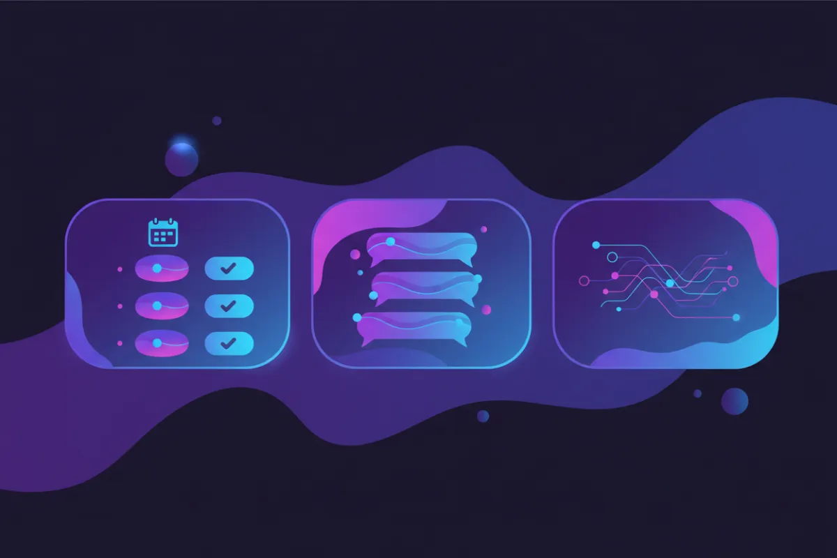 Stylized dashboard illustration with scheduled appointments, confirmed badges and conversation snippets