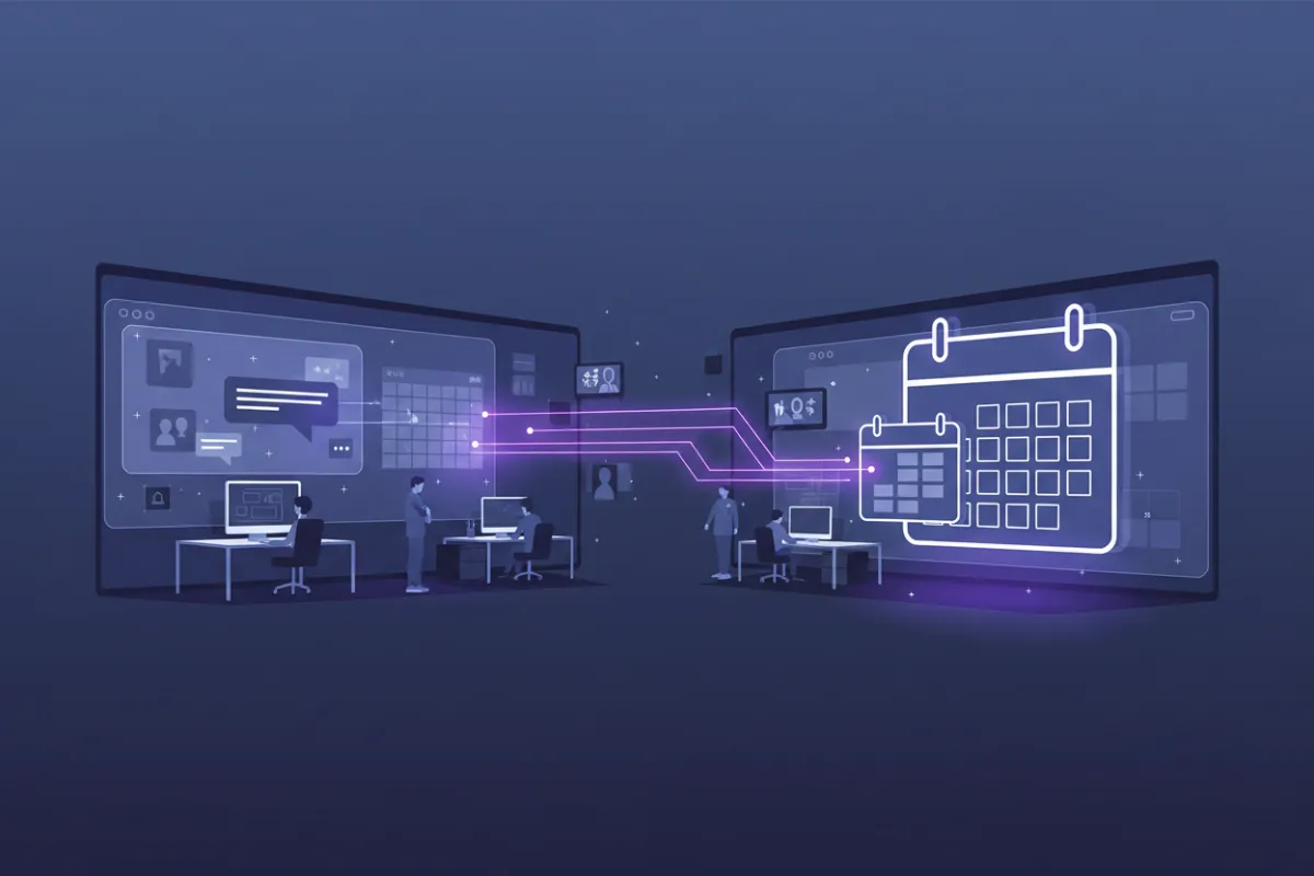 Illustration of an office where messages convert into calendar bookings.