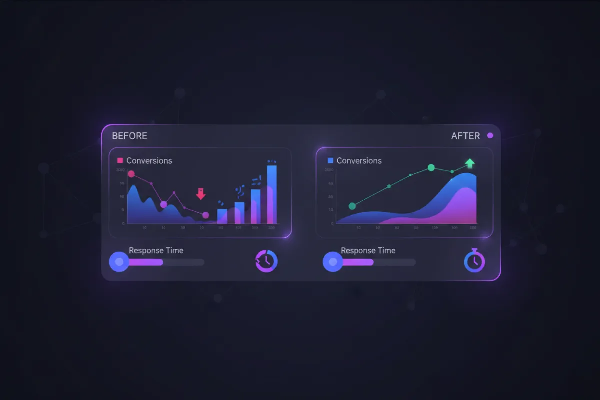 Dashboard mockup showing before-after metrics for an AI scheduling case study