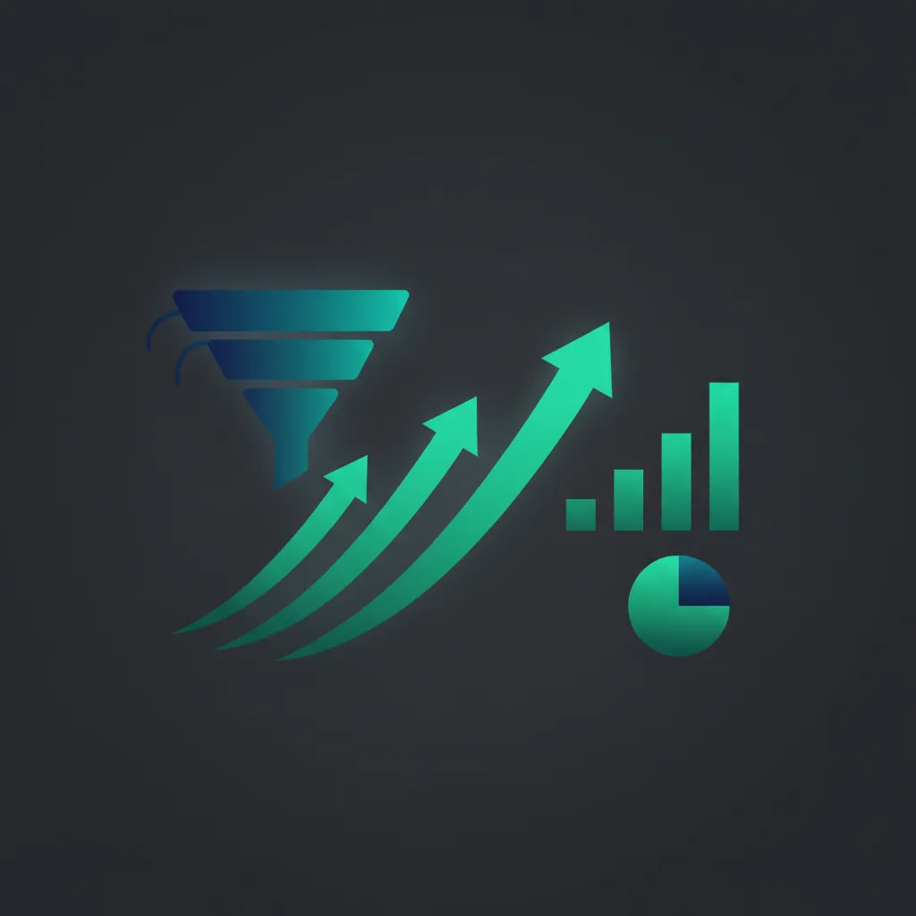 Analytics mini-dashboard with conversion funnel and upward arrows.