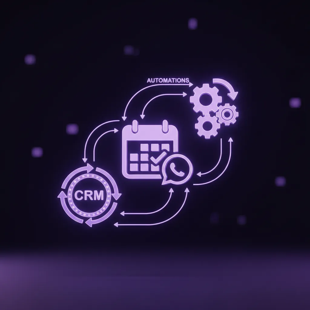 3D illustration of connected calendar, WhatsApp, CRM and automation tools in a cohesive tech stack.