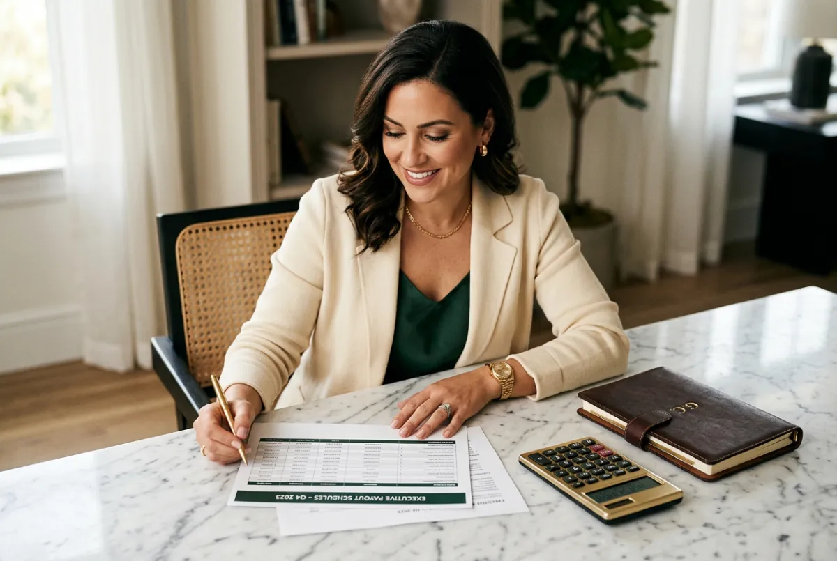 Confident woman entrepreneur reviewing executive payout schedules