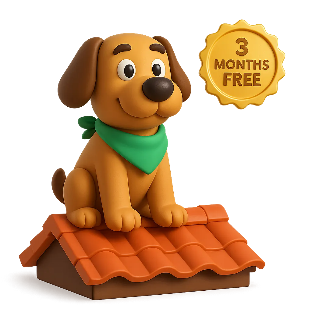 3D stylized puppy mascot wearing a green veterinary scarf; high-quality render on a soft gradient background.