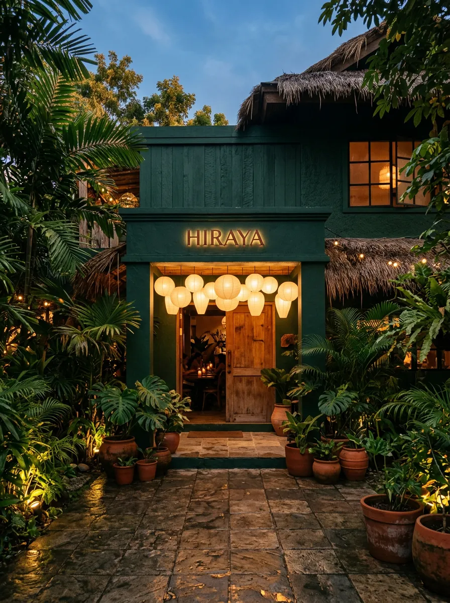 Architectural exterior of Hiraya Modern Filipino Restaurant with warm evening lanterns and botanical entryway