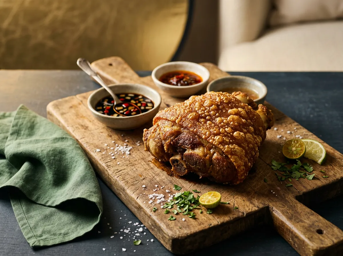 Heritage Crispy Pata with golden crackling and garlic soy dip