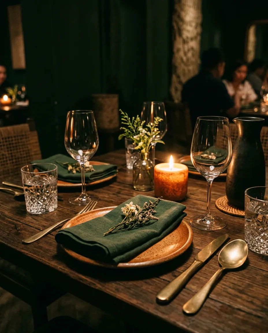 Warm dining ambiance with handcrafted timber tables and glowing candlelight