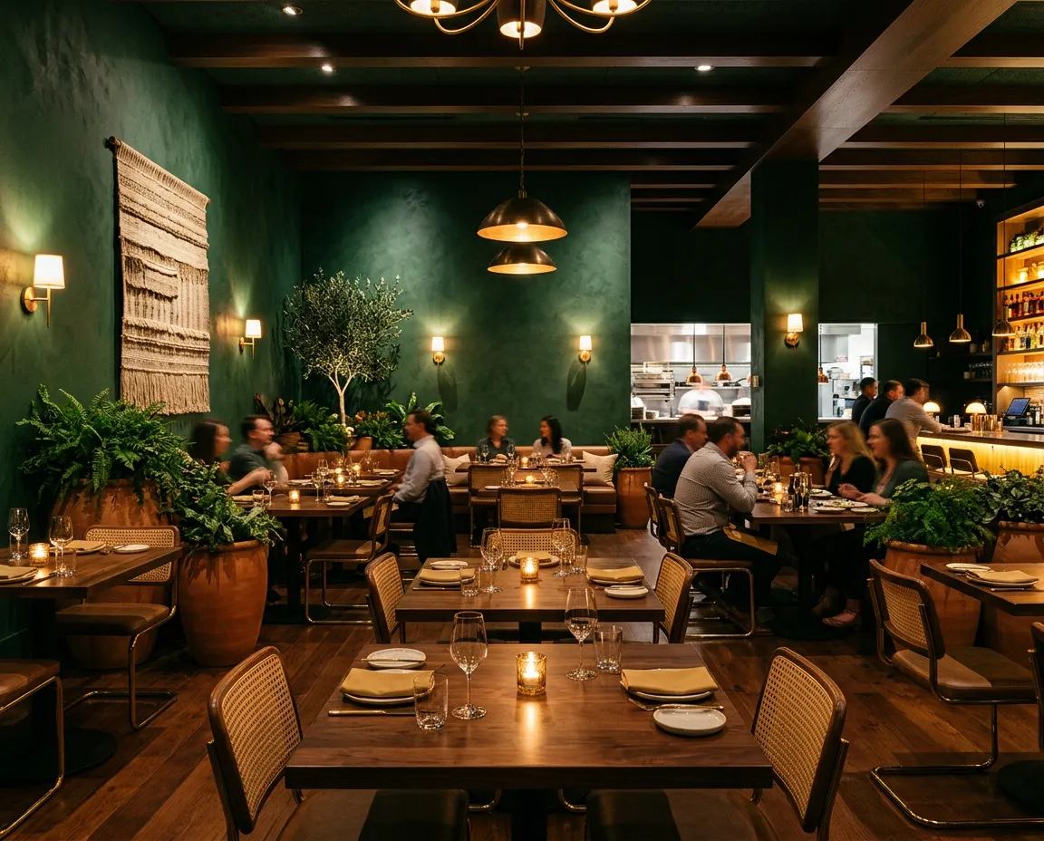Elegant dining room interior with warm lighting and artisanal wooden tables