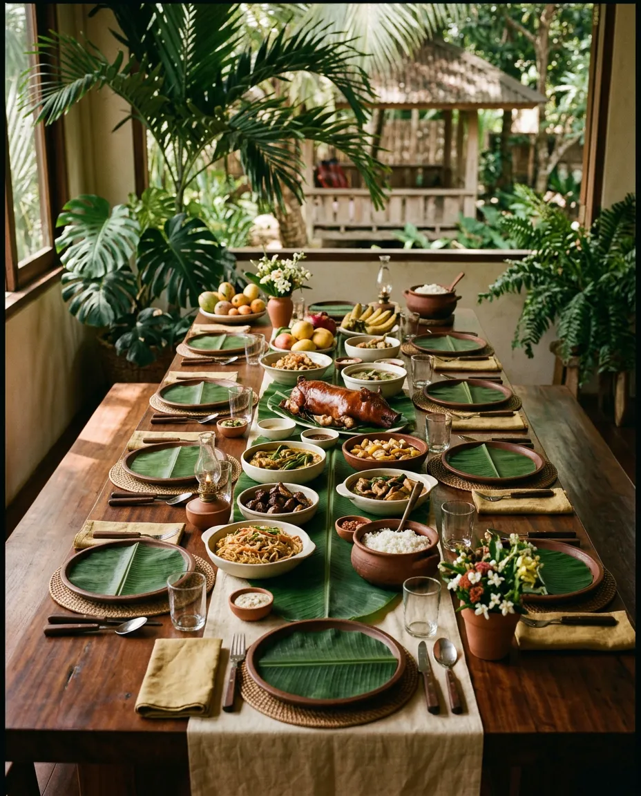Warm atmospheric Filipino dining room showcasing communal tables, woven banig textures, and terracotta tableware