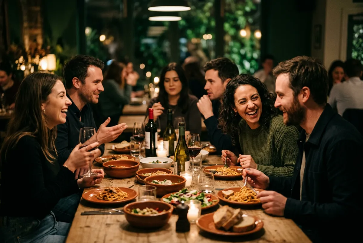 Guests enjoying shared dishes and intimate conversations around a dining table