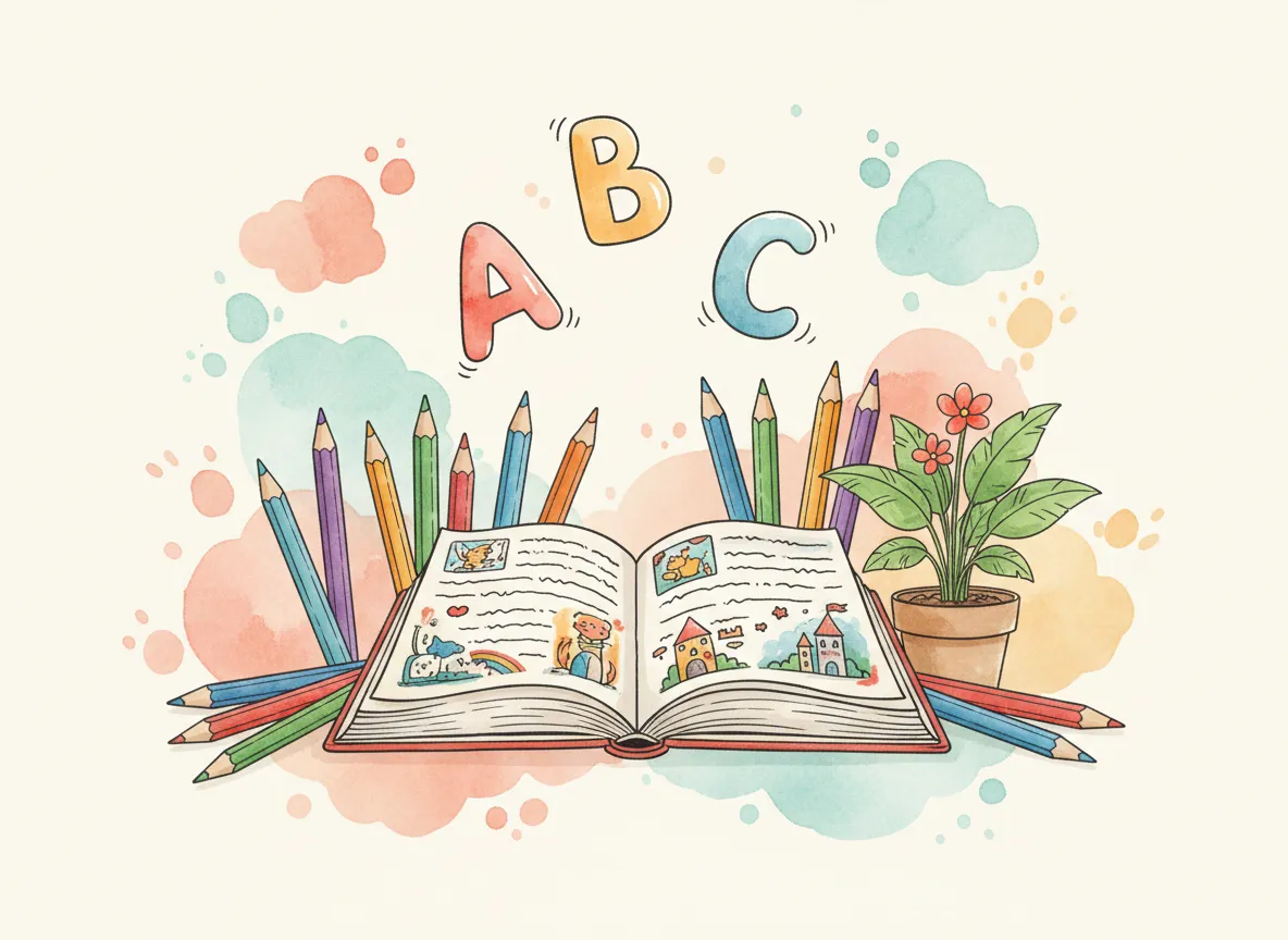 Open storybook with floating letters illustration
