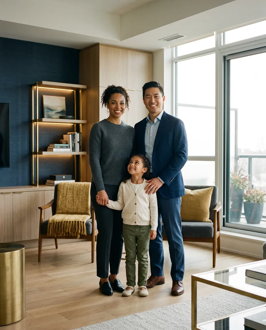 Diverse Canadian family in a sunlit, contemporary architectural home reflecting financial clarity and legacy planning