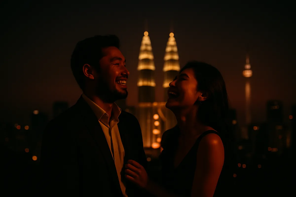 Bride and groom share a quiet laugh beneath a covered walkway at sunset in Kuala Lumpur.