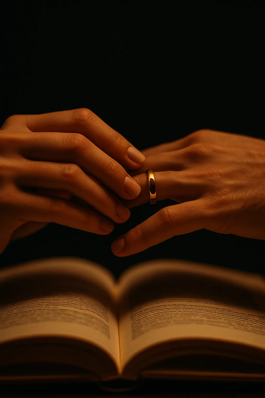 Intimate portrait of hands exchanging rings over a ceremony book in an outdoor garden.