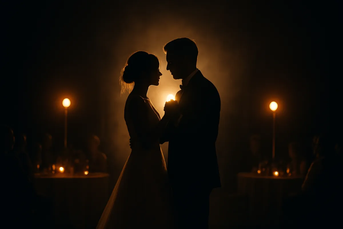 Cinematic reception first dance with dramatic backlight showing venue atmosphere.