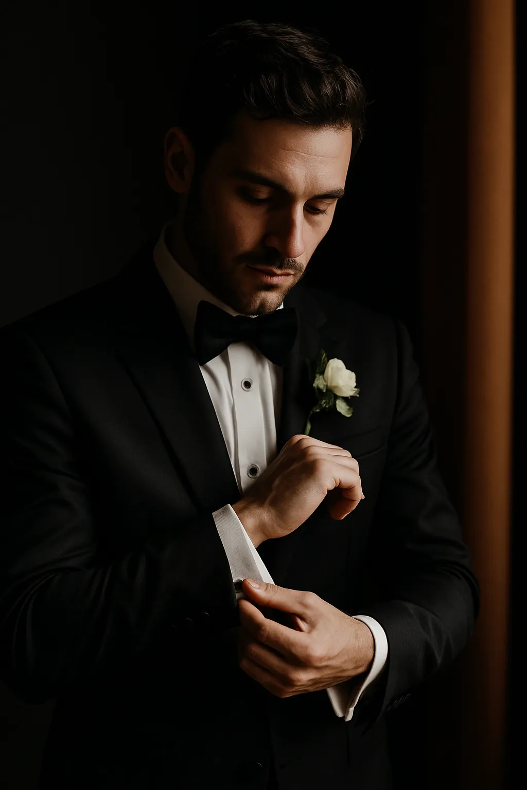 Editorial portrait of a groom adjusting cufflinks in soft sunlit room with neutral tones.