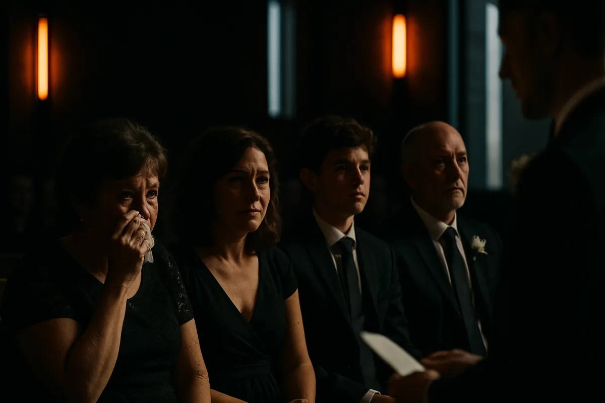 Documentary-style frame of family reactions during vows in a modern chapel.