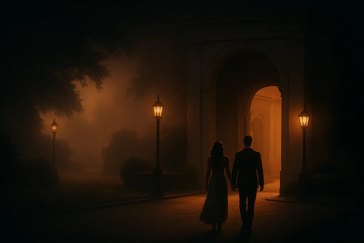 Wide landscape of venue entrance with couple approaching in late-afternoon haze.