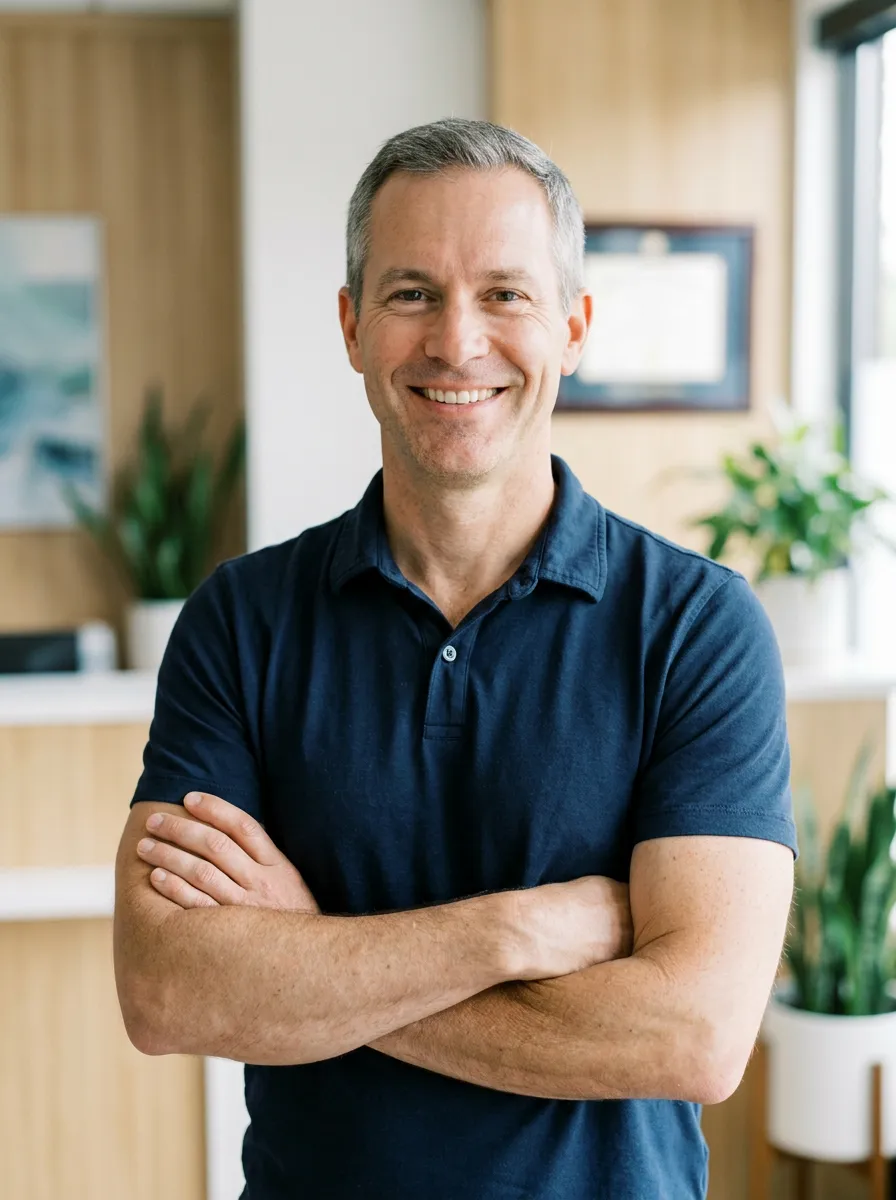 Small portrait of Dr. Jeff Stanger smiling with crossed arms, wearing a navy polo.