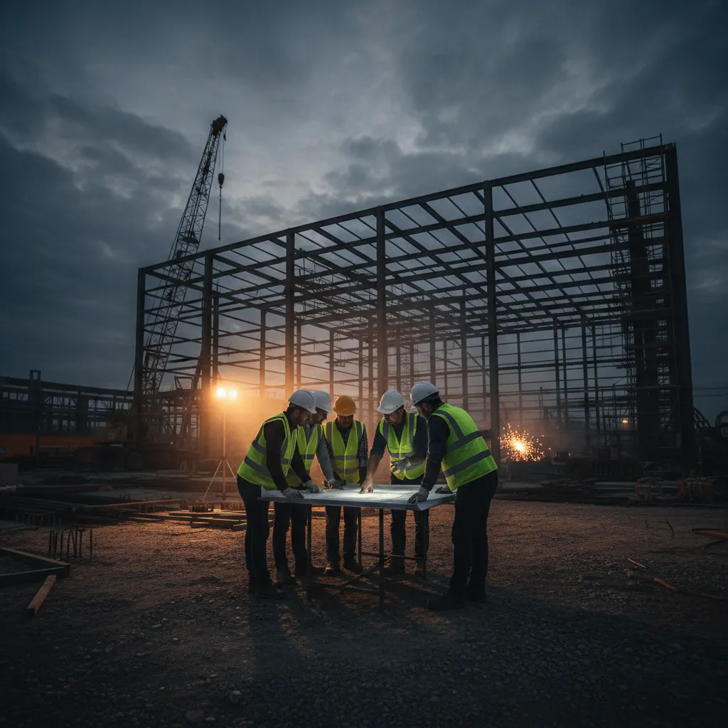 Construction workers wearing safety gear and high-visibility vests