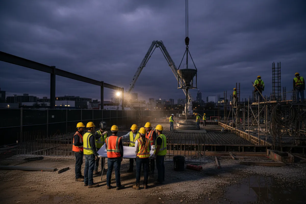 Crew of construction workers discussing plans at a building site