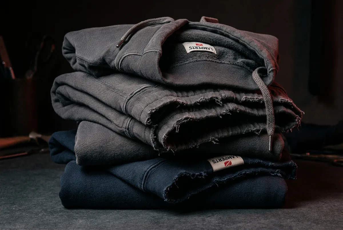 Heavyweight cotton fleece fabric texture and reinforced double-needle seams