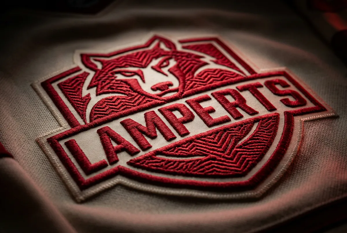 Close-up macro detail of tackle-twill embroidery on hockey lacer fleece