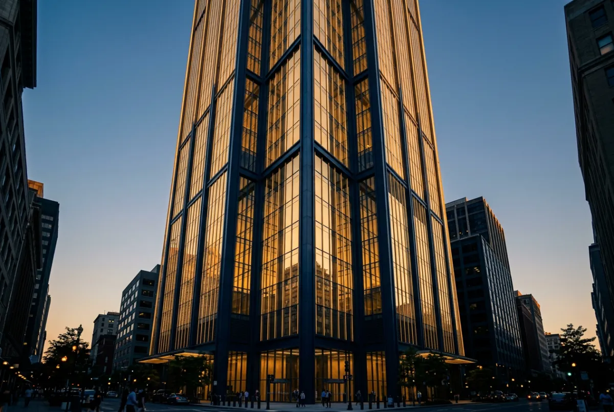 Architectural exterior of modern commercial property with sharp structural geometry