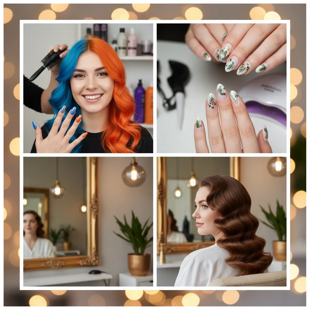 A close-up of a client's hands being pampered with a detailed manicure by a nail technician. The technician, a Latina woman in her 30s, carefully applies intricate nail art. The salon table is organized with colorful polishes and tools, set against a soft, pastel background.