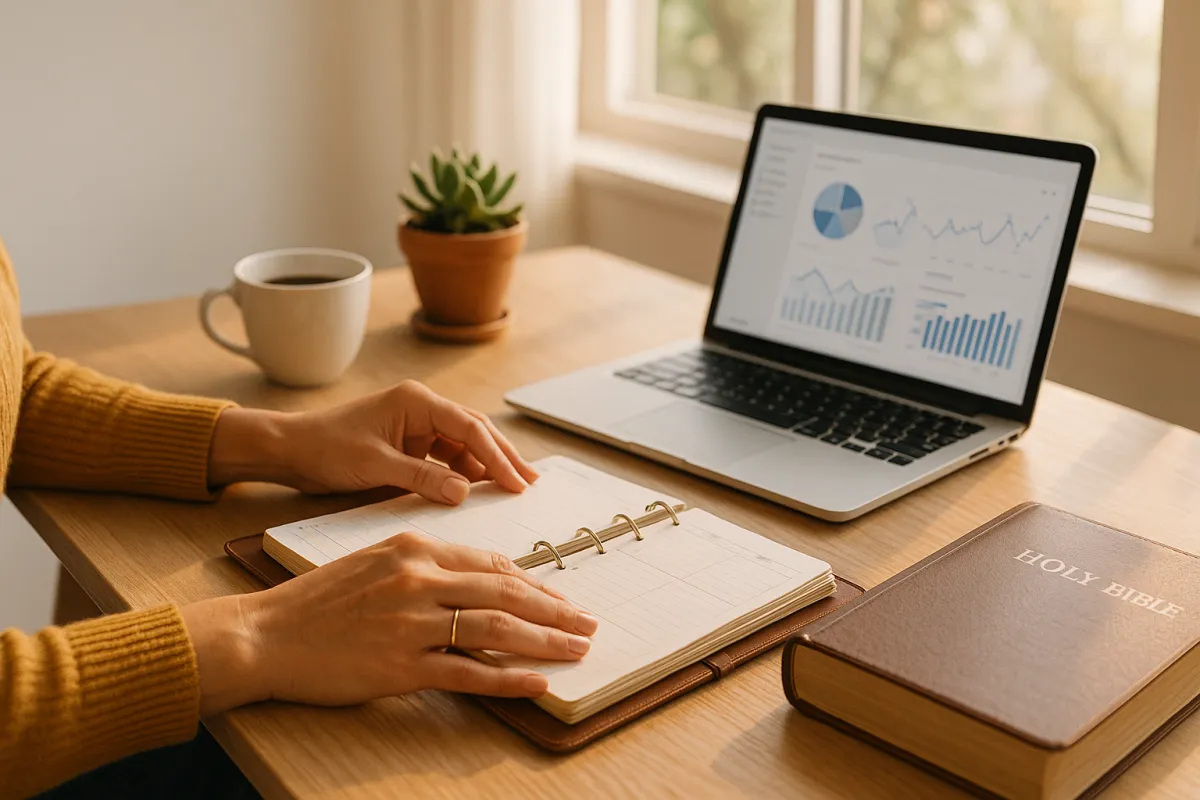 Workspace scene with planner, Bible, and laptop analytics in warm morning light symbolizing faith-led business planning