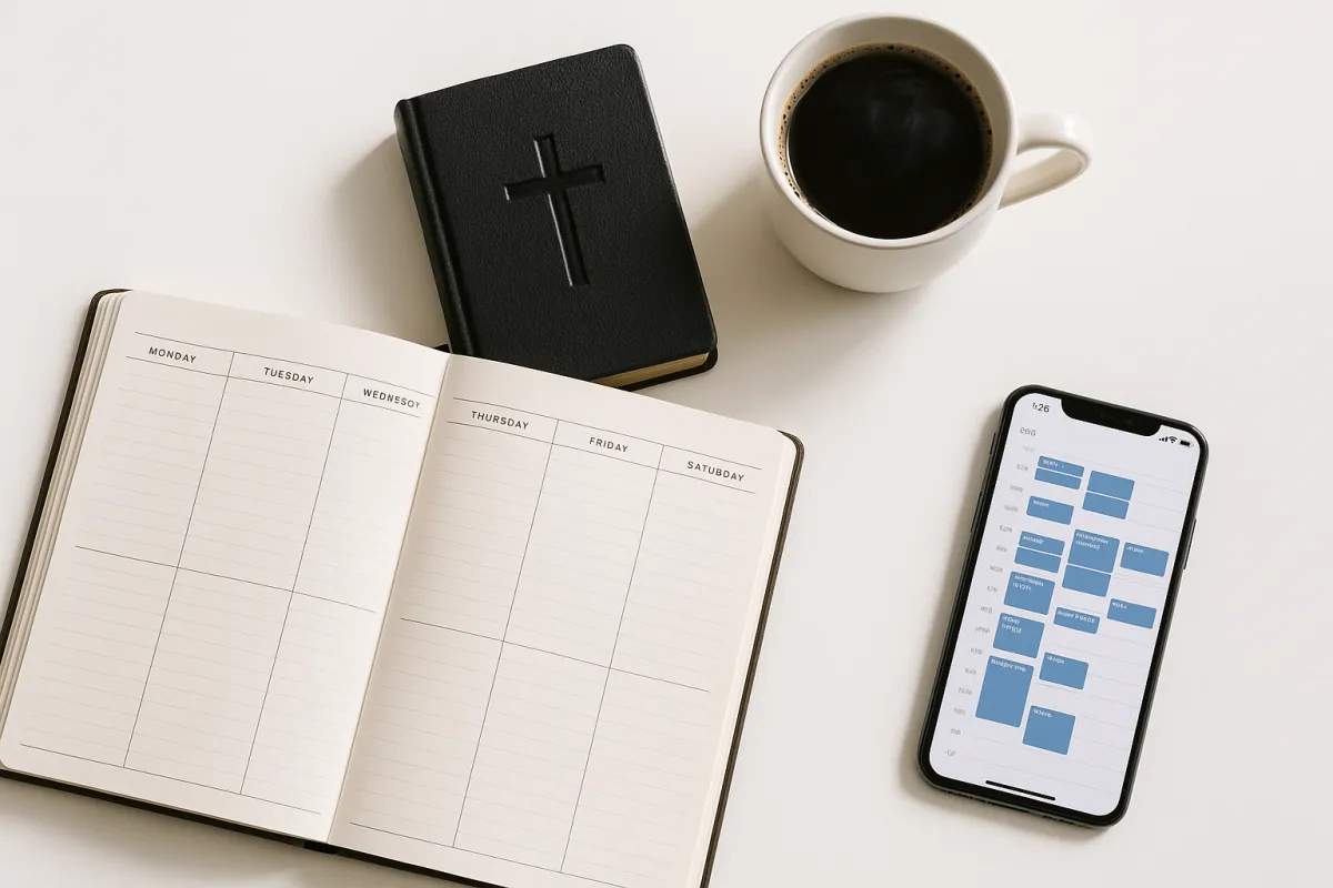 Overhead 3:2 flat-lay of a faith-focused entrepreneur’s desk with planner, Bible, mug, and smartphone showing calendar automation.