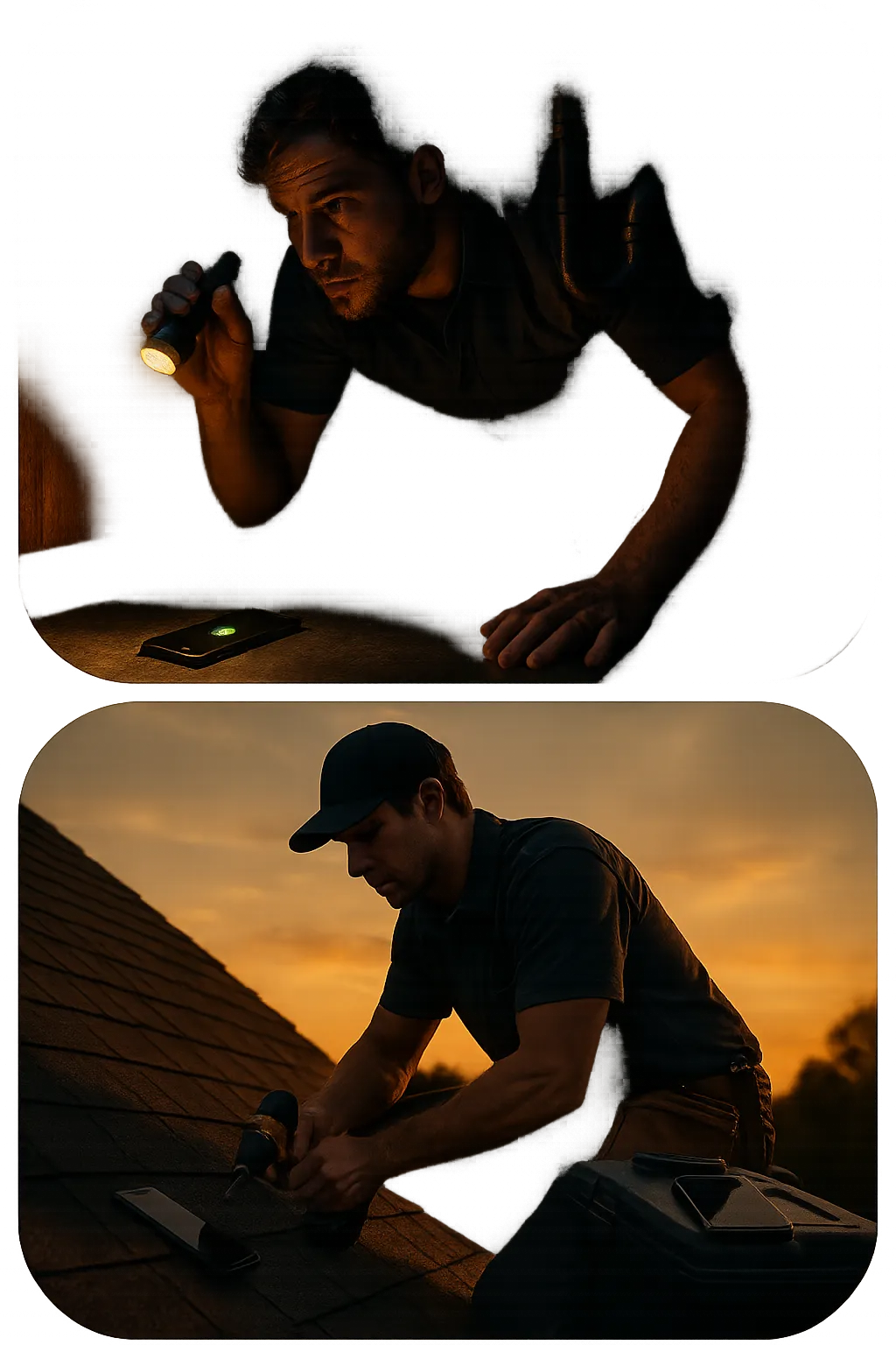 Composite photograph of tradesmen working on roofs and under kitchen sinks missing emergency customer phone calls