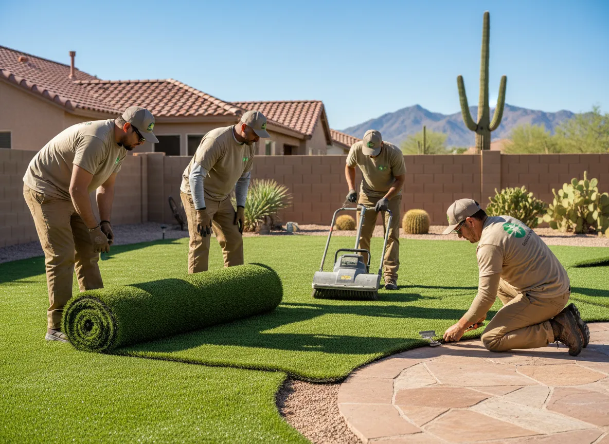 Workers installing turf