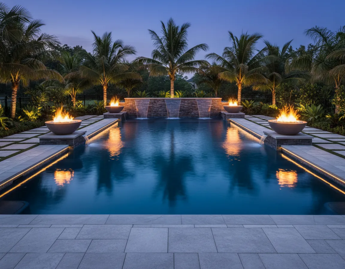 Pool with fire bowls