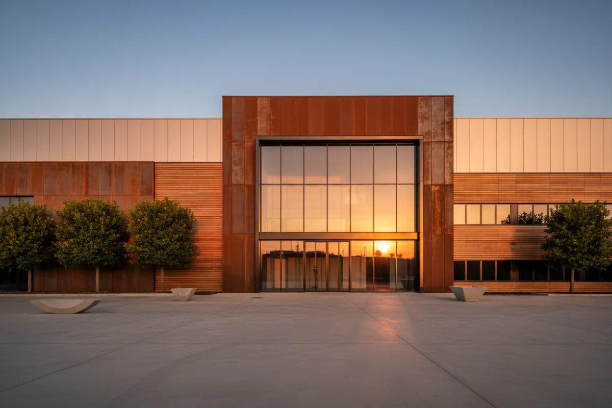 A 3:2 landscape photo of an upscale industrial unit exterior with premium cladding and large glazed office frontage; strong composition, golden-hour light, no people, emphasizes luxury finish and scale.