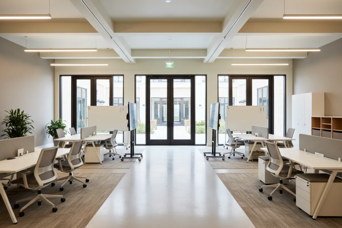 A 3:2 landscape image of a functional allround unit interior showing flexible workspace, tall doors and clear circulation, neutral tones and professional lighting to highlight versatility.