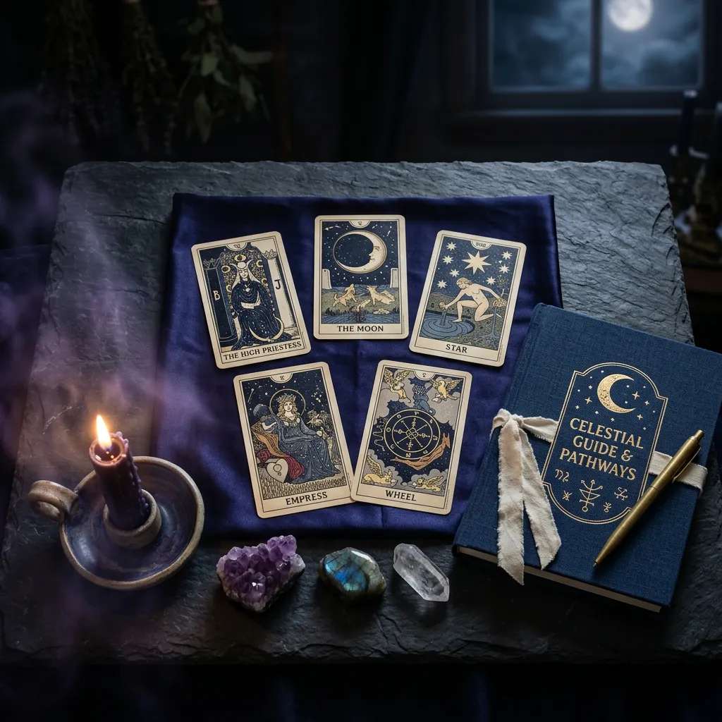 Celestial tarot card spread illuminated beside a custom linen journal guide
