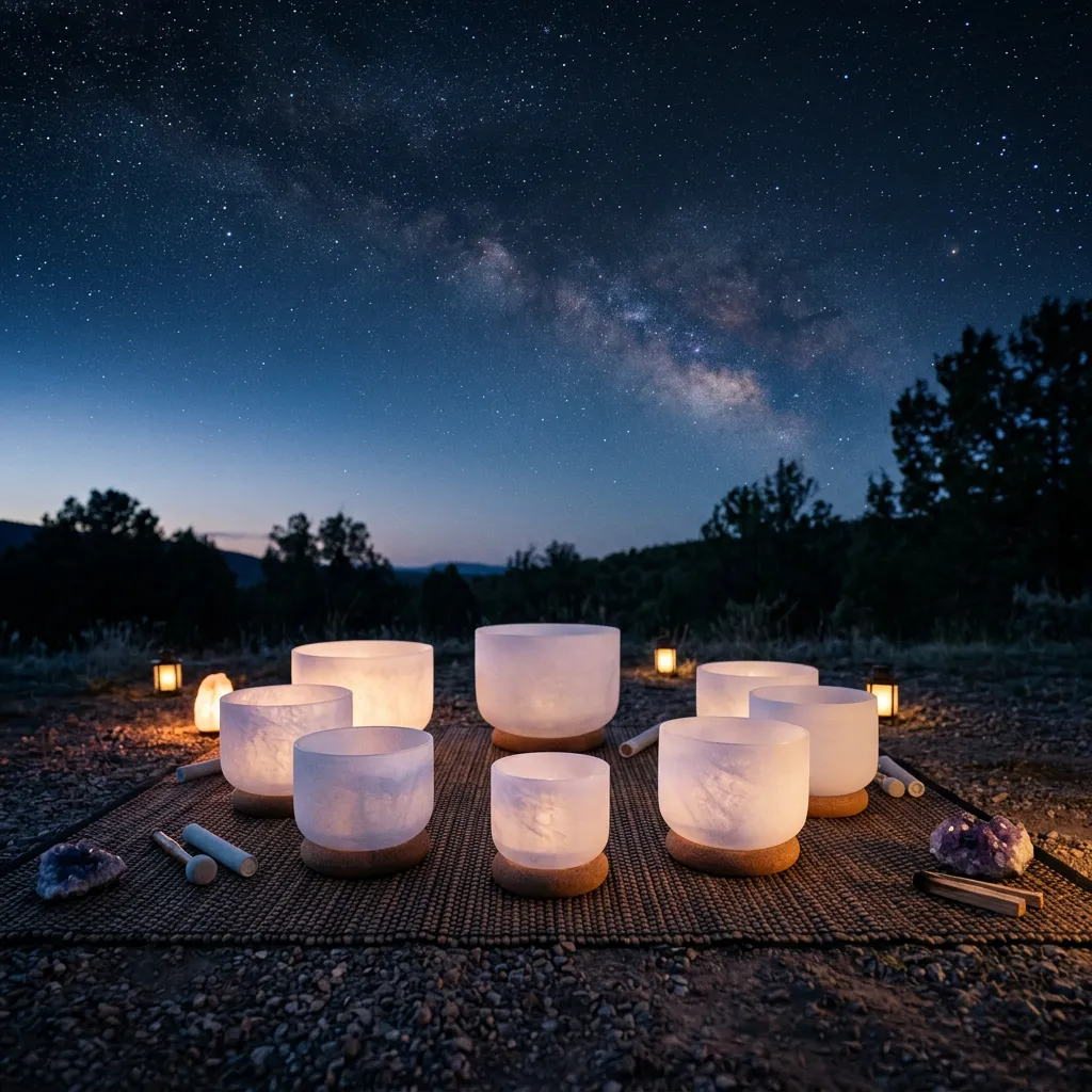 Crystal singing bowls and sound healing meditation under a starry open sky