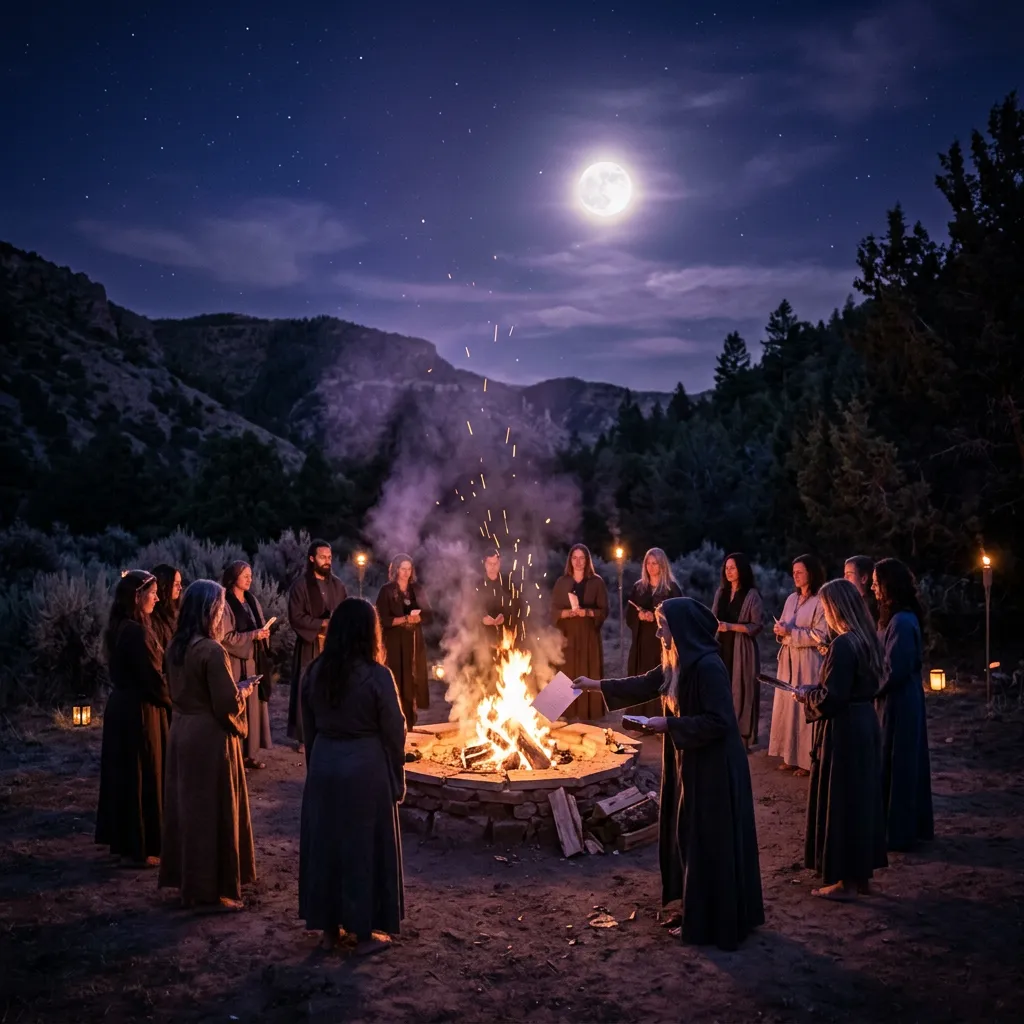 Ceremonial fire circle under the moon with participants performing releasing rituals