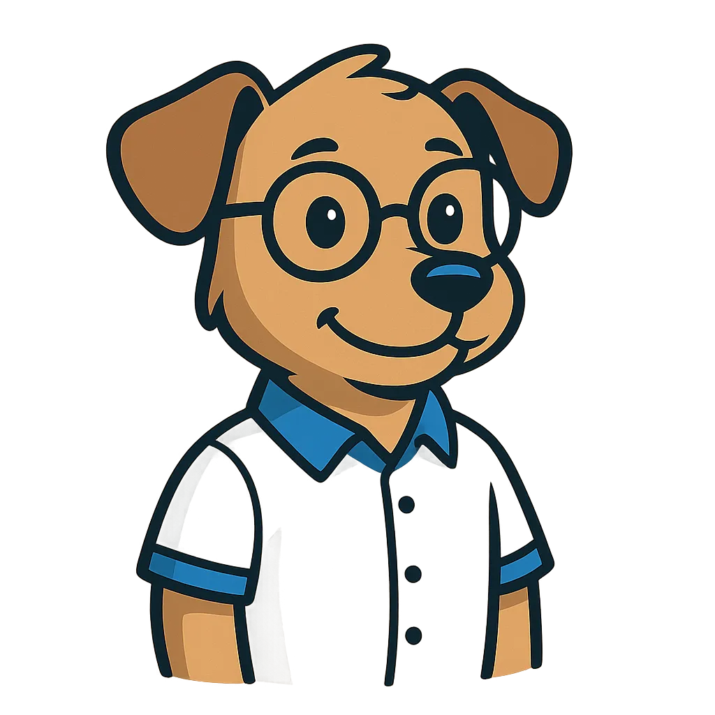 Pocket Protector nerd-hound mascot with round glasses