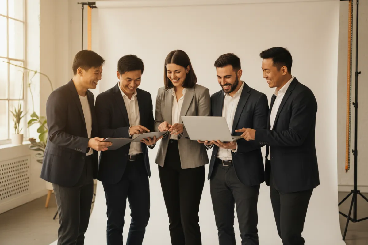 Ecomm Champs team portrait of 6 diverse team members in a bright studio.