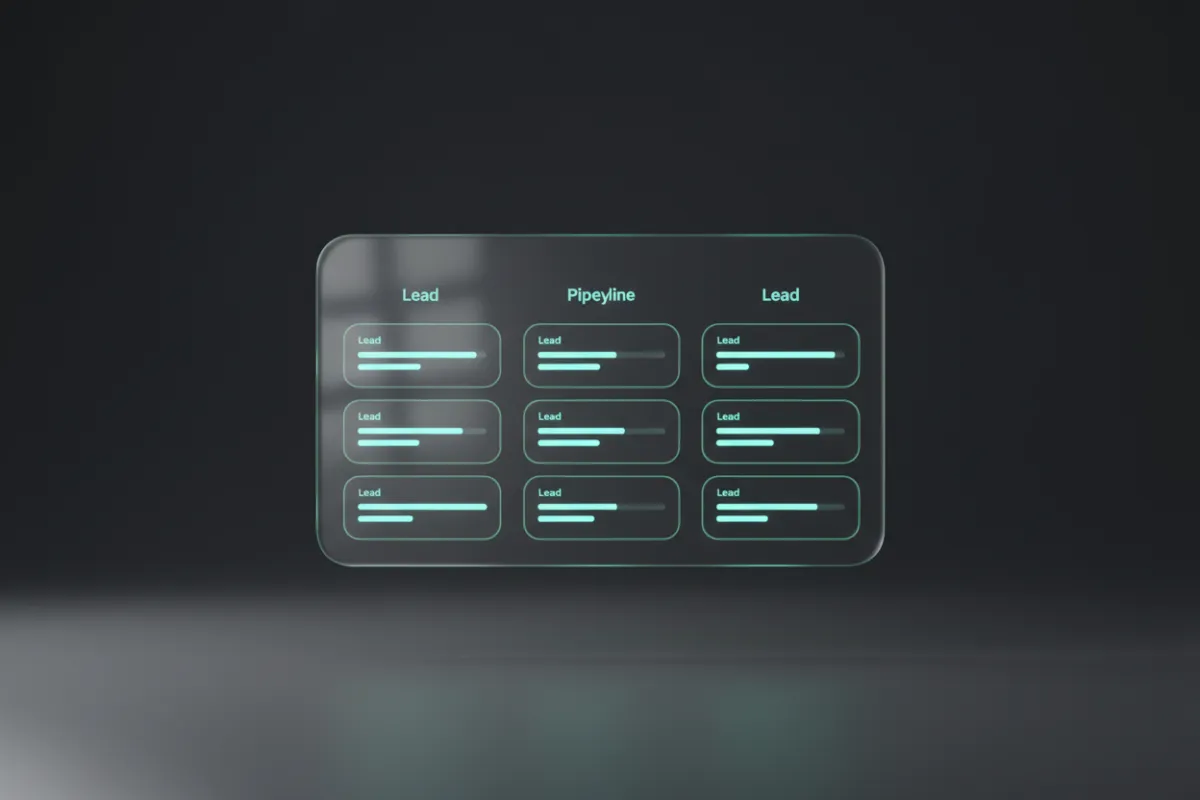 FG Flow Pipeline Glass Panel showing organized leads and automated follow-ups