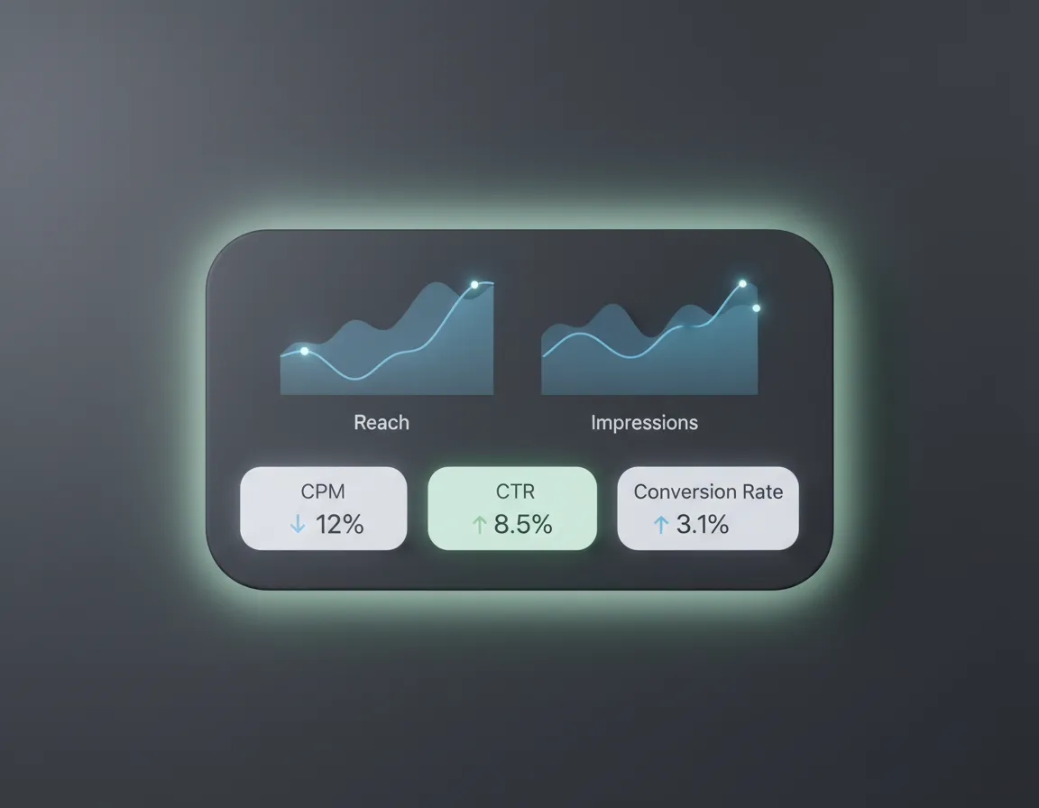 Dashboard showing Meta ad performance and optimization metrics in soft blue tones