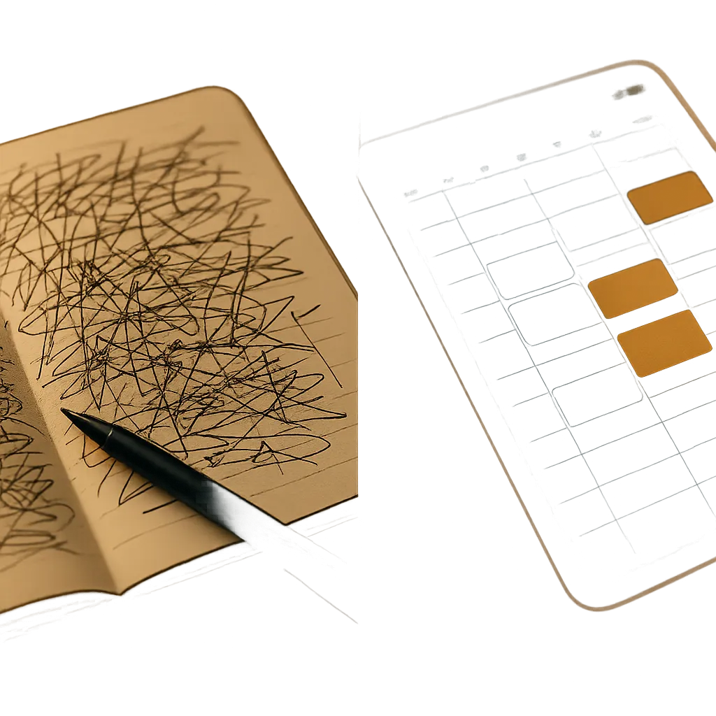 Visual comparison showing a messy paper diary versus a clean, automated digital schedule.