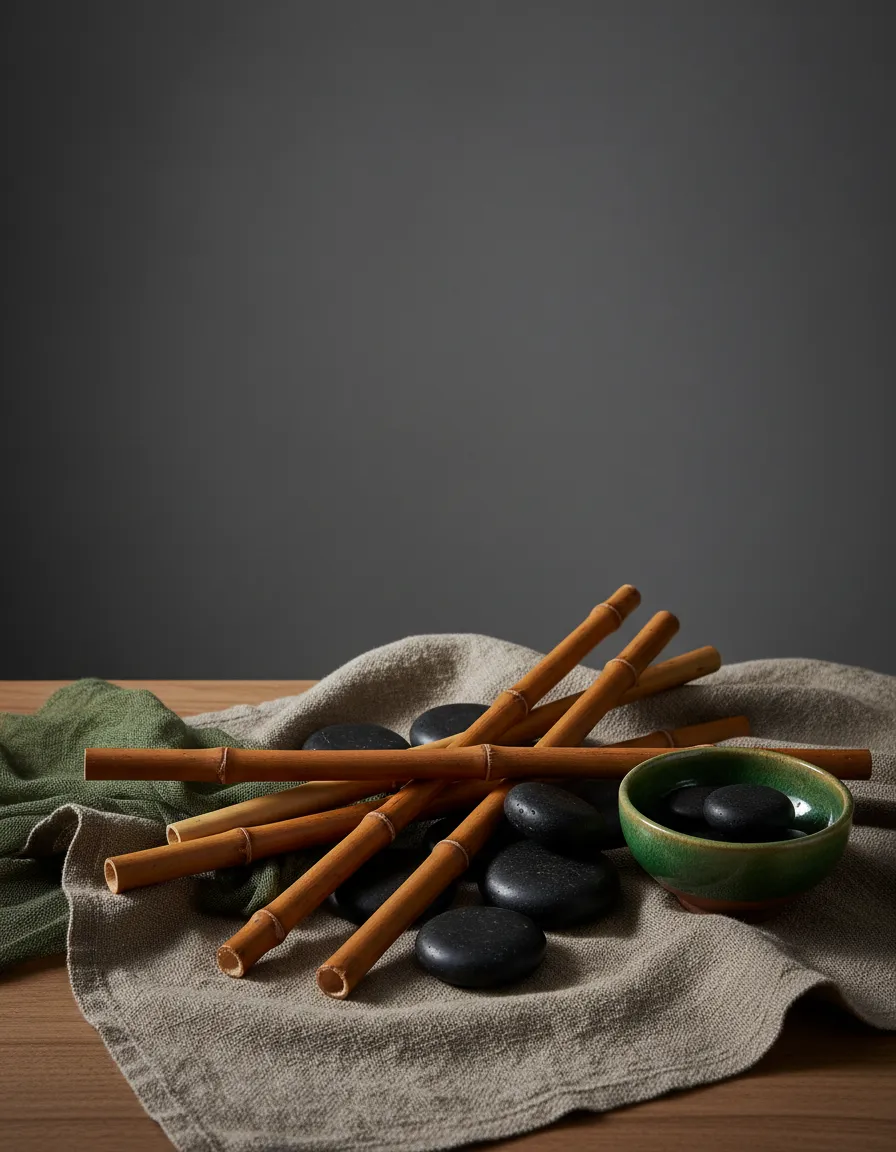 Massage therapy tools including warm bamboo and smooth stones resting on clean linen