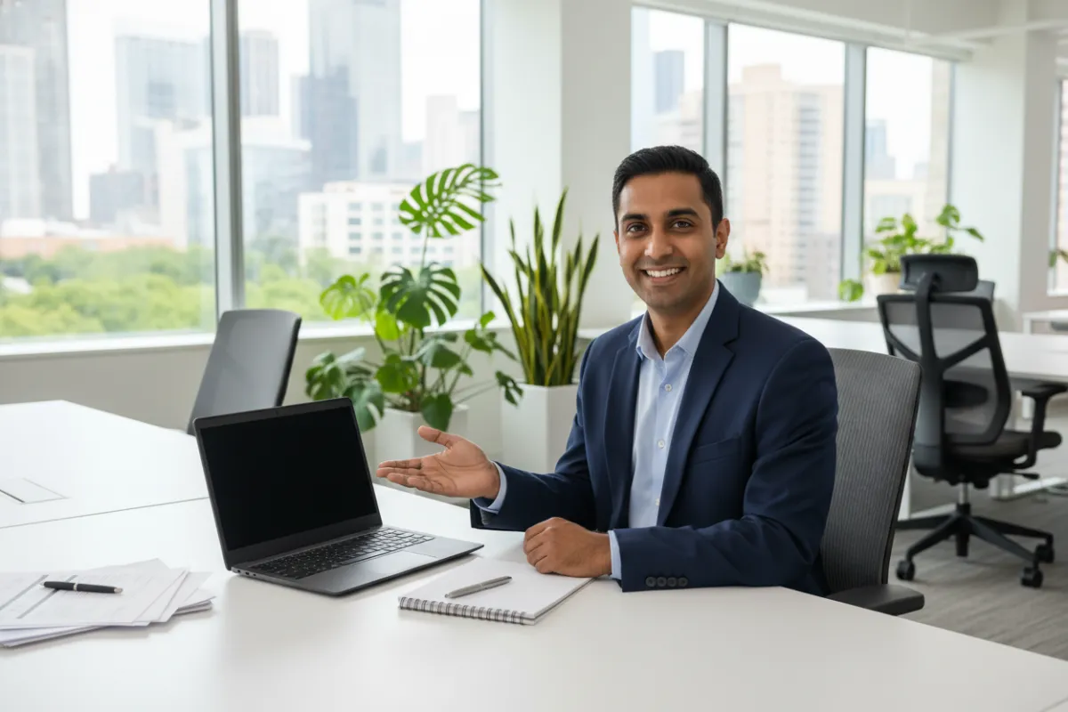 A professional, friendly male insurance advisor of South Asian descent, seated at a modern office desk with a laptop and notepad, ready to assist clients. The background shows a bright, open office with plants and city views.