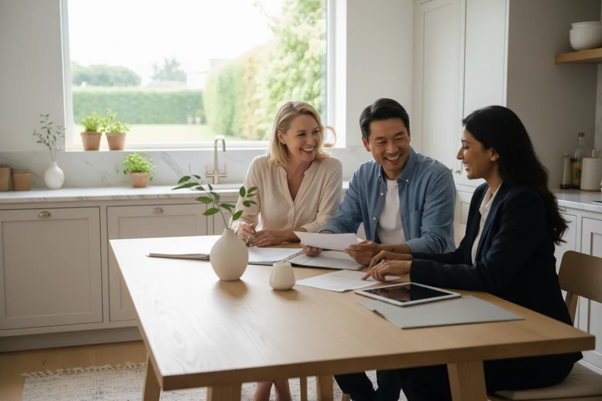 A smiling, middle-aged couple of diverse backgrounds sitting together at a sunlit kitchen table, reviewing life insurance documents with a professional advisor. The setting is warm and modern, with soft natural light and a sense of reassurance and trust.