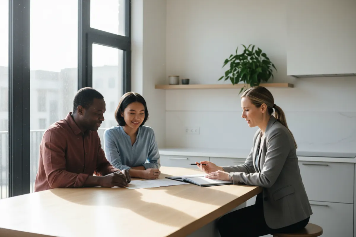 A diverse family of three, including a middle-aged couple and their teenage daughter, sitting together at a modern kitchen table, reviewing life insurance documents with a professional advisor. The setting is bright, with natural light and a calm, reassuring atmosphere.