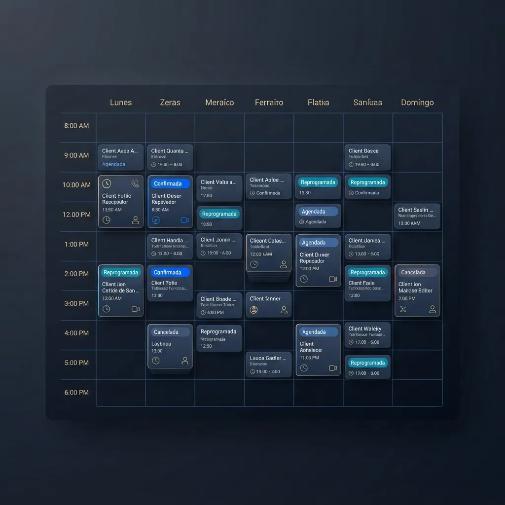 Ilustración conceptual de calendario semanal corporativo con tarjetas de estado organizadas: Agendada, Confirmada, Reprogramada y Cancelada