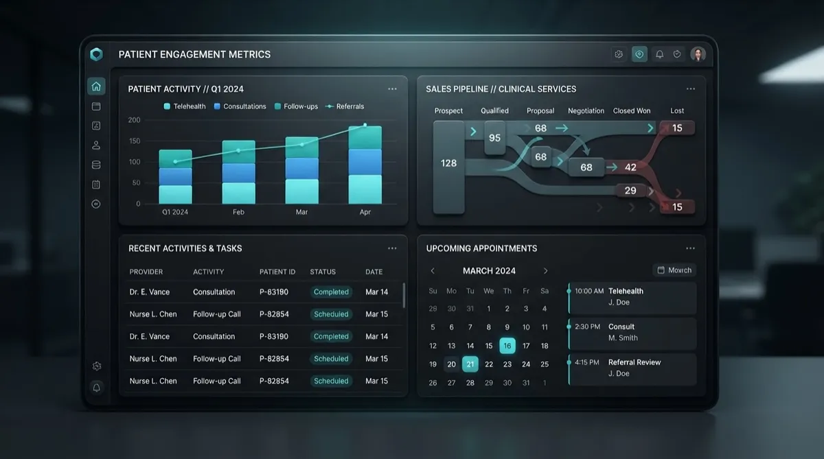 Mockup conceptual de dashboard de analítica y gestión operativa en modo oscuro para FinWise Business Suite