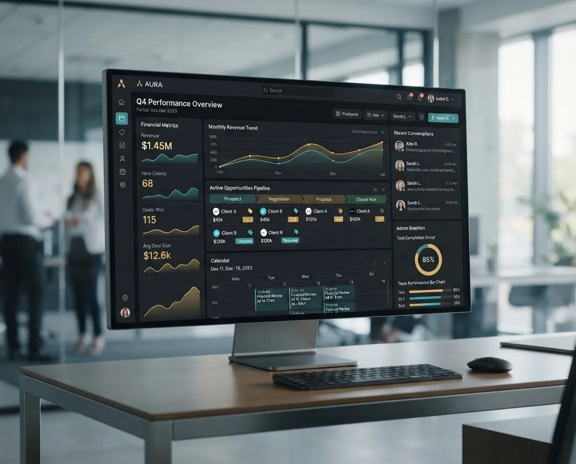 FinWise Business Suite panel de control CRM con calendario de citas, métricas de conversión y bandeja de comunicaciones unificada